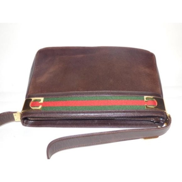 Gucci Vintage Brown Suede Leather Shoulder Bag with Red And Green - Picture 7 of 12